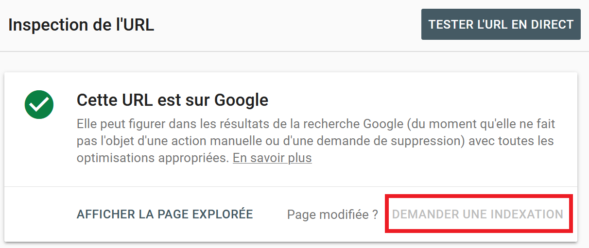 Google Search Console Demander une indexation