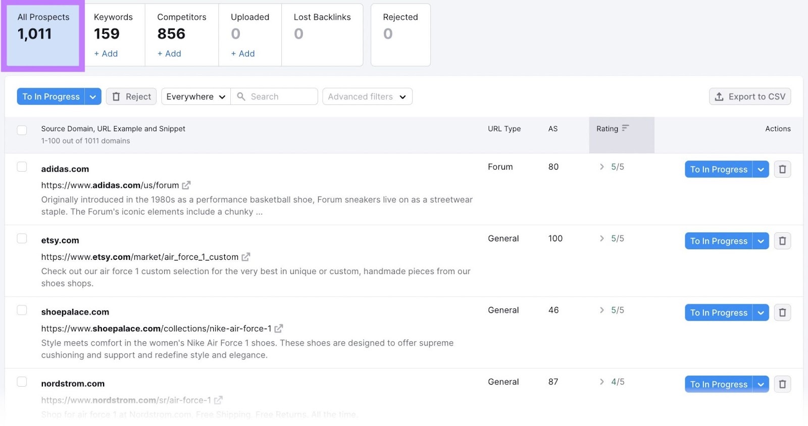Onglet "Prospects" pour "nike.com" dans Link Building Tool