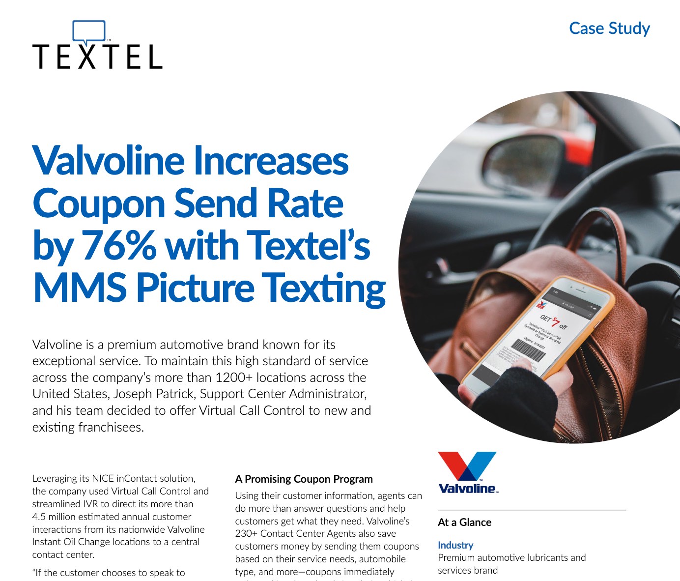 Textel's case study titled "Valvoline Increases Coupon Send Rate by 76% with Texel's MMS Picture Texting"