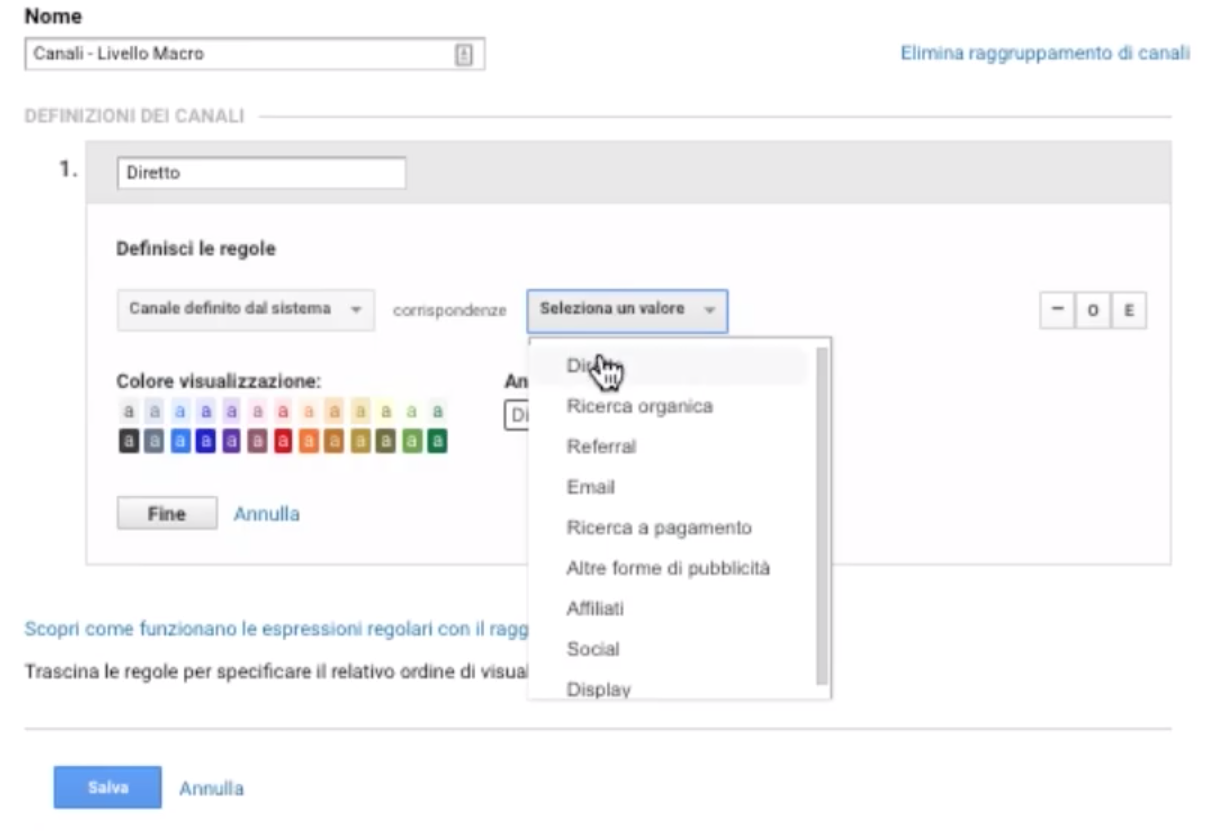 Creare un canale su GA: Raggruppamento Diretto