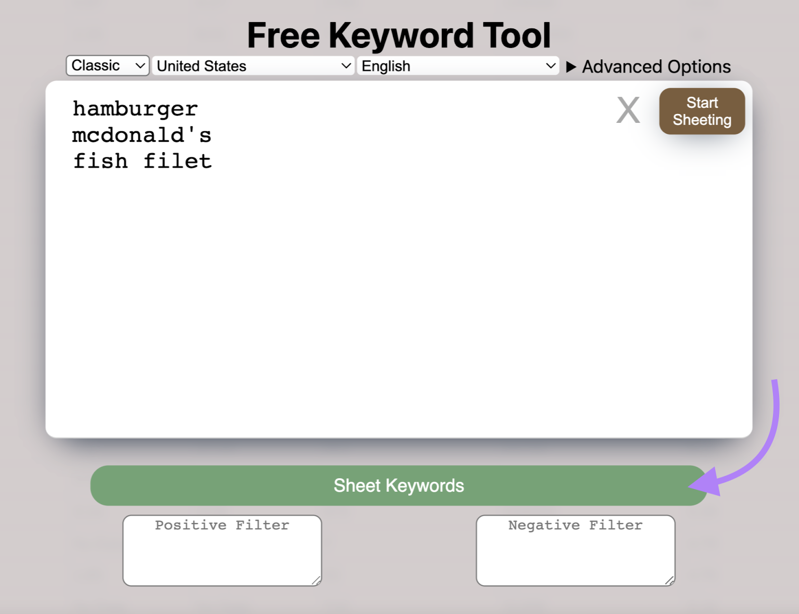 Ejemplo de la herramienta Keyword Sheeter.