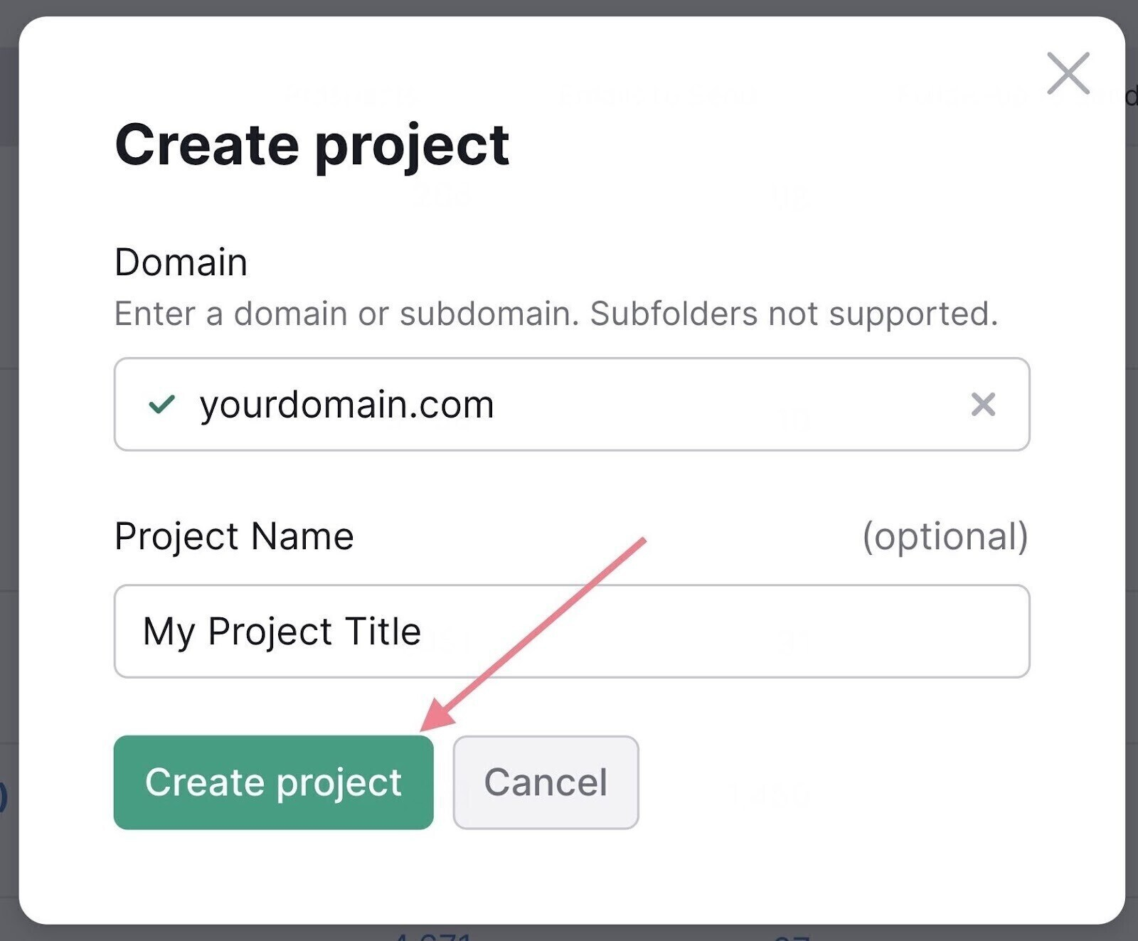 "Create project" pop-up window in Link Building Tool