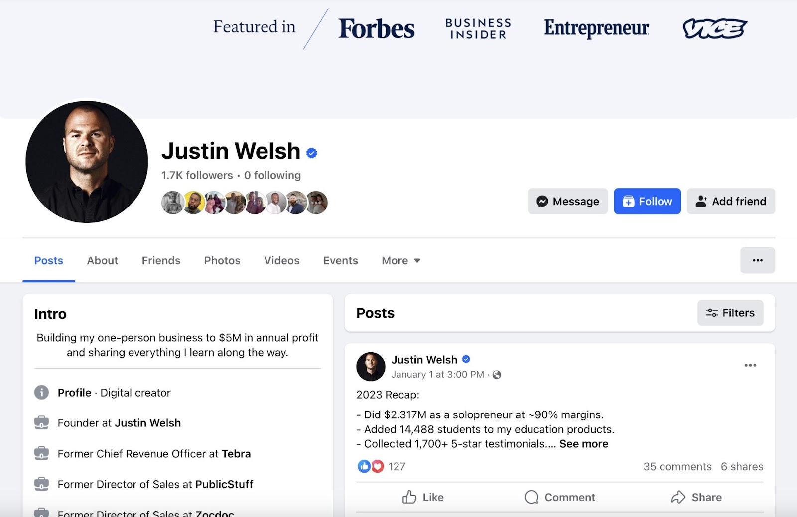 Justin Welsh’s Facebook page overview