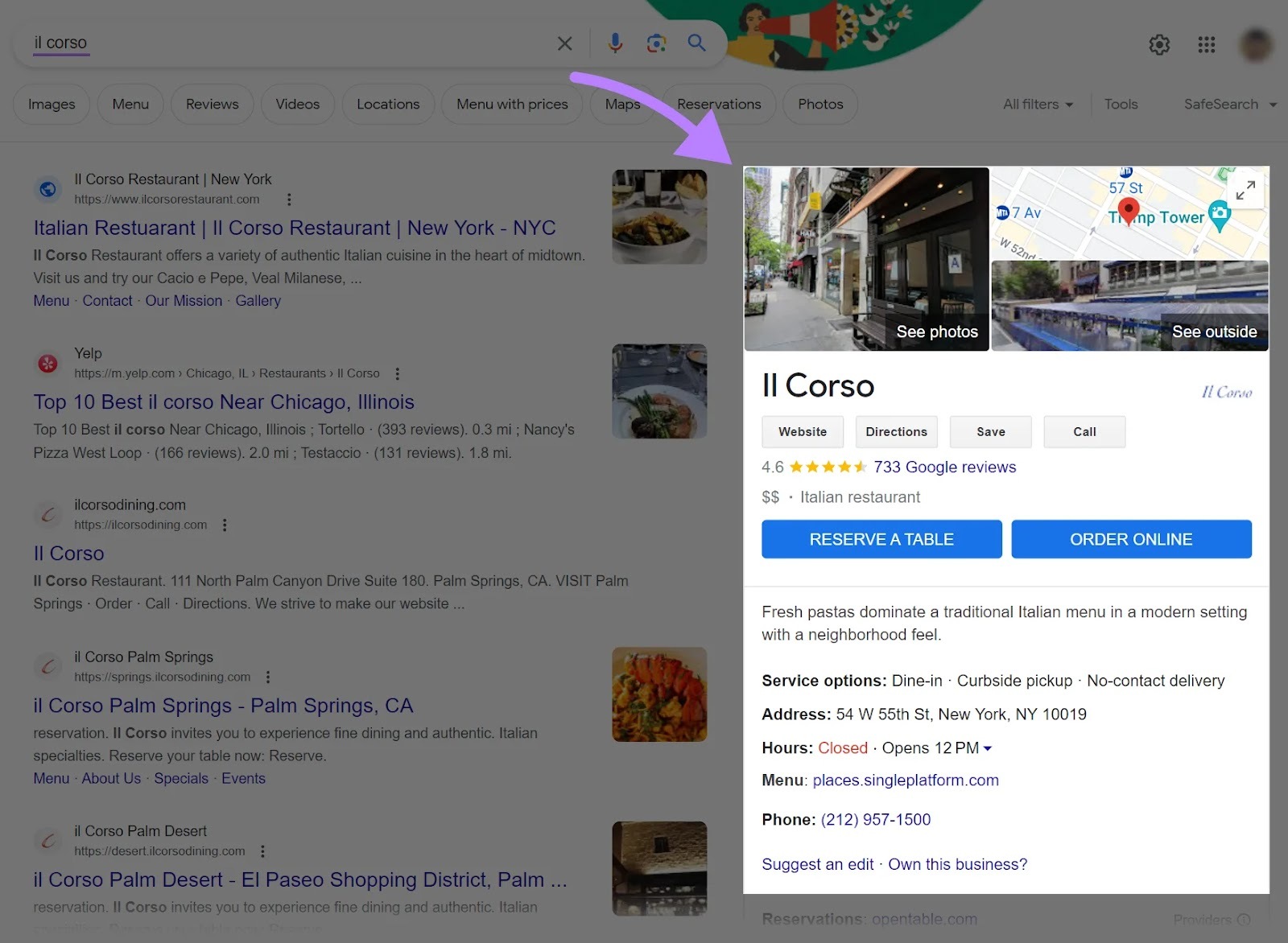 Perfil de empresa en Google para "II Corso"