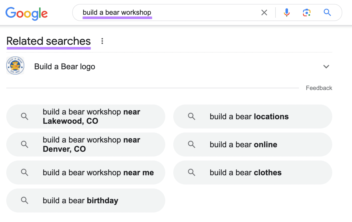 Google's ‘Related searches’ section for "build a bear workshop" search