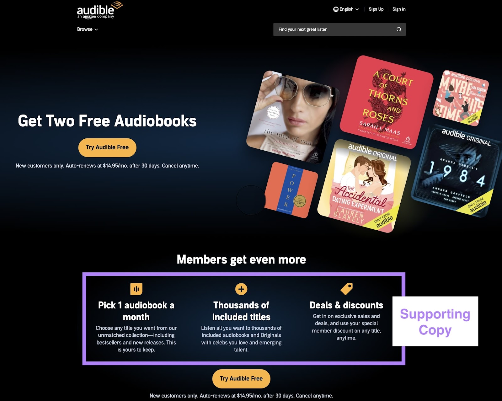 Audiobook covers alongside highlighted supporting copy on Audible's landing page