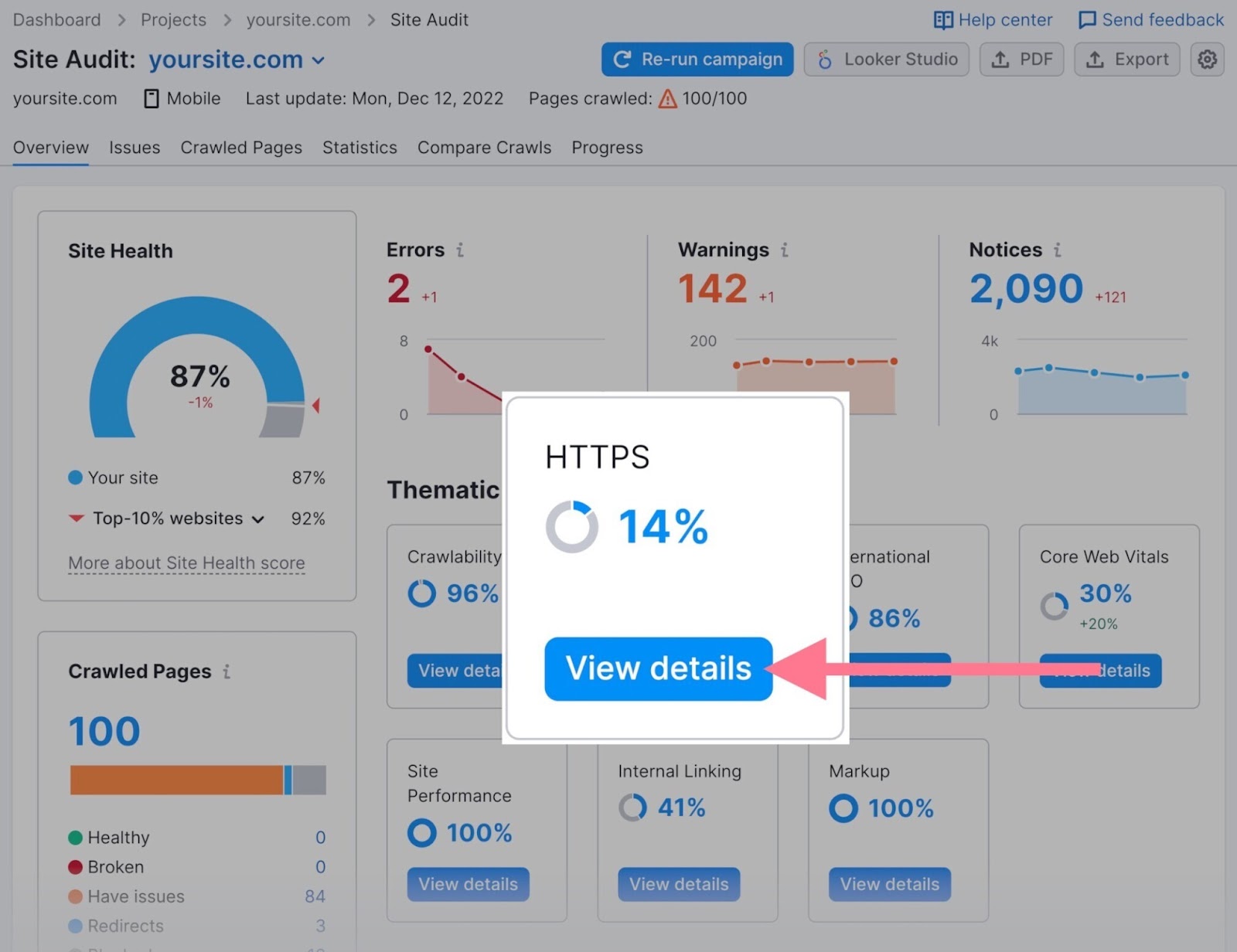 "VIew details" button highlighted in the "HTTPS" section of the Site Audit tool