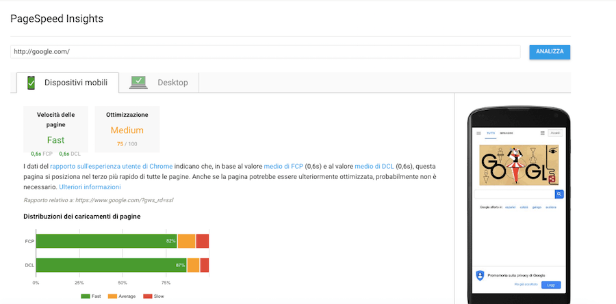 PageSpeed Insights di Google per verificare la velocità del tuo sito da mobile