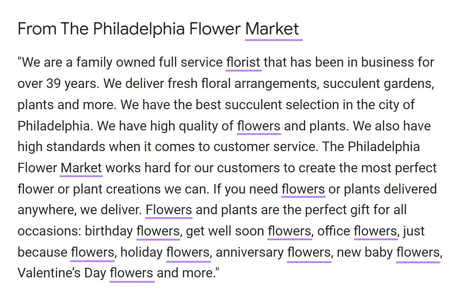 “florist,” “flowers,” and “market" keywords highlighted in The Philadelphia Flower Market description