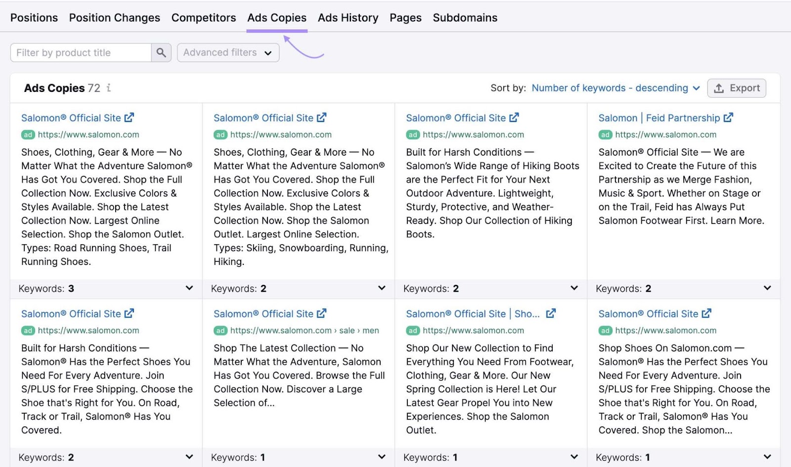 List of competitor ad copies in the Advertising Research tool.