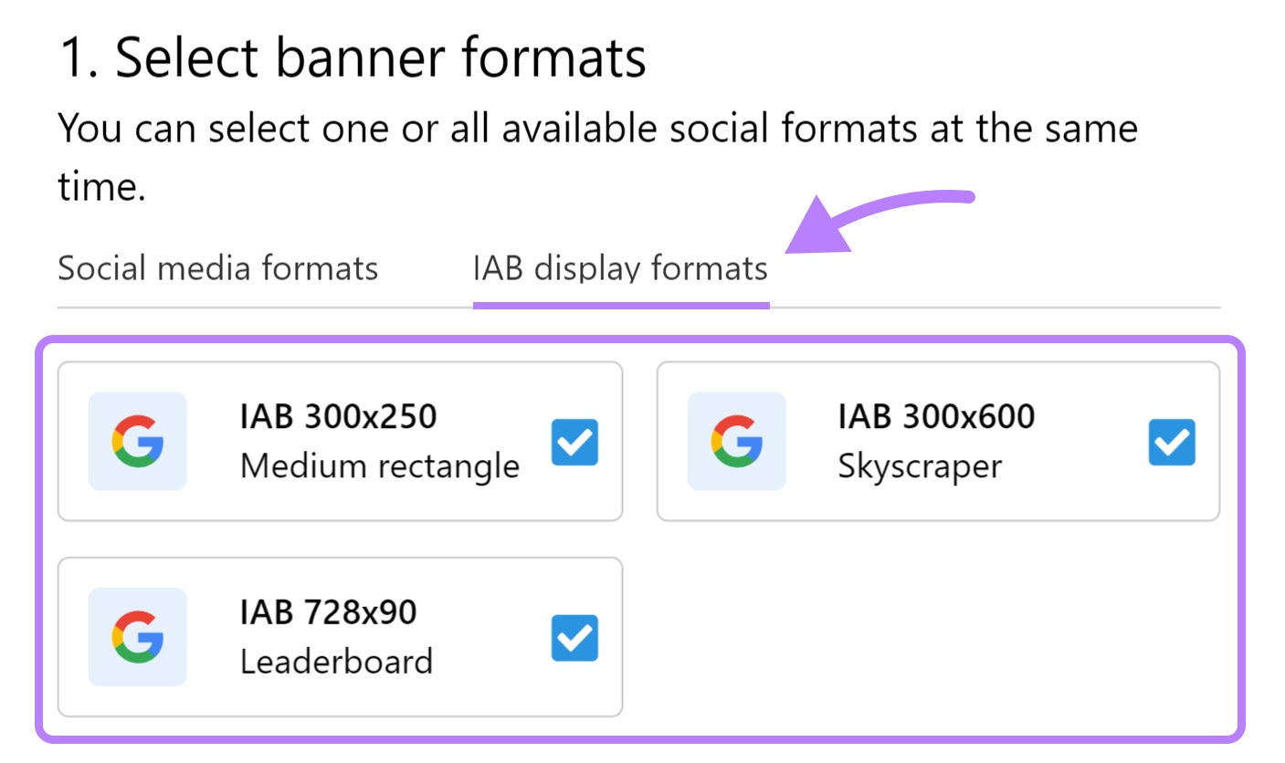 "1. Select banner formats" section in creating ads with Instant Banner Generator