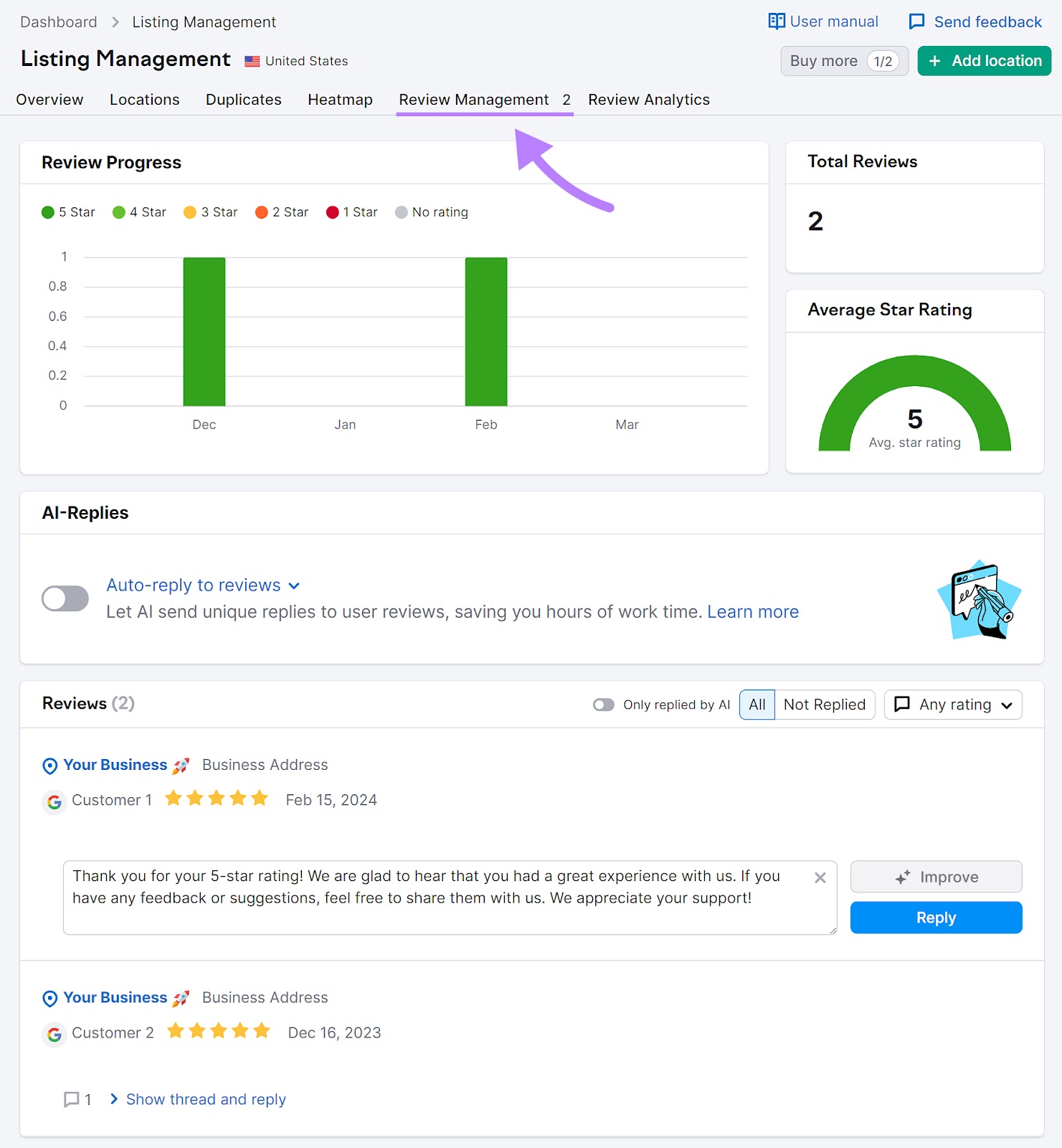 “Review Management” tab successful  the "Listing Management" tool.