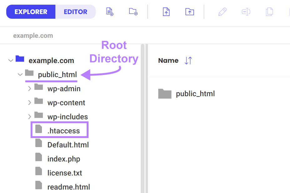 The root directory in this example is public_html. Then, choose .htaccess.