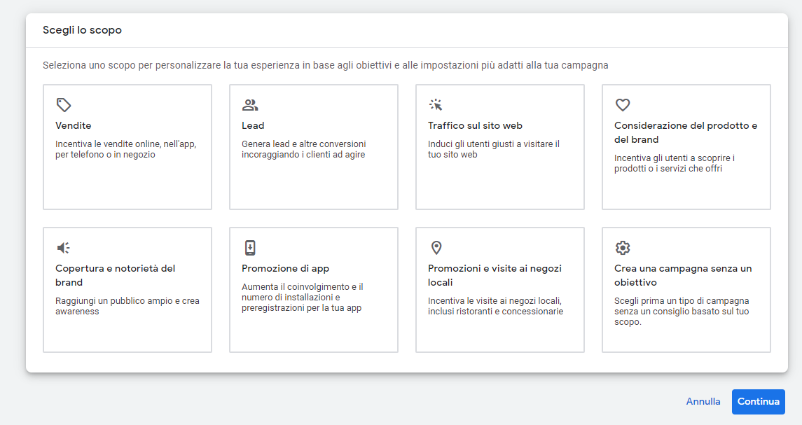 Google Ads: scegli lo scopo