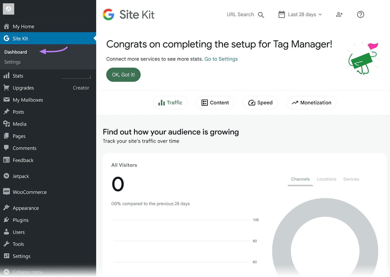 Site Kit menu dashboard