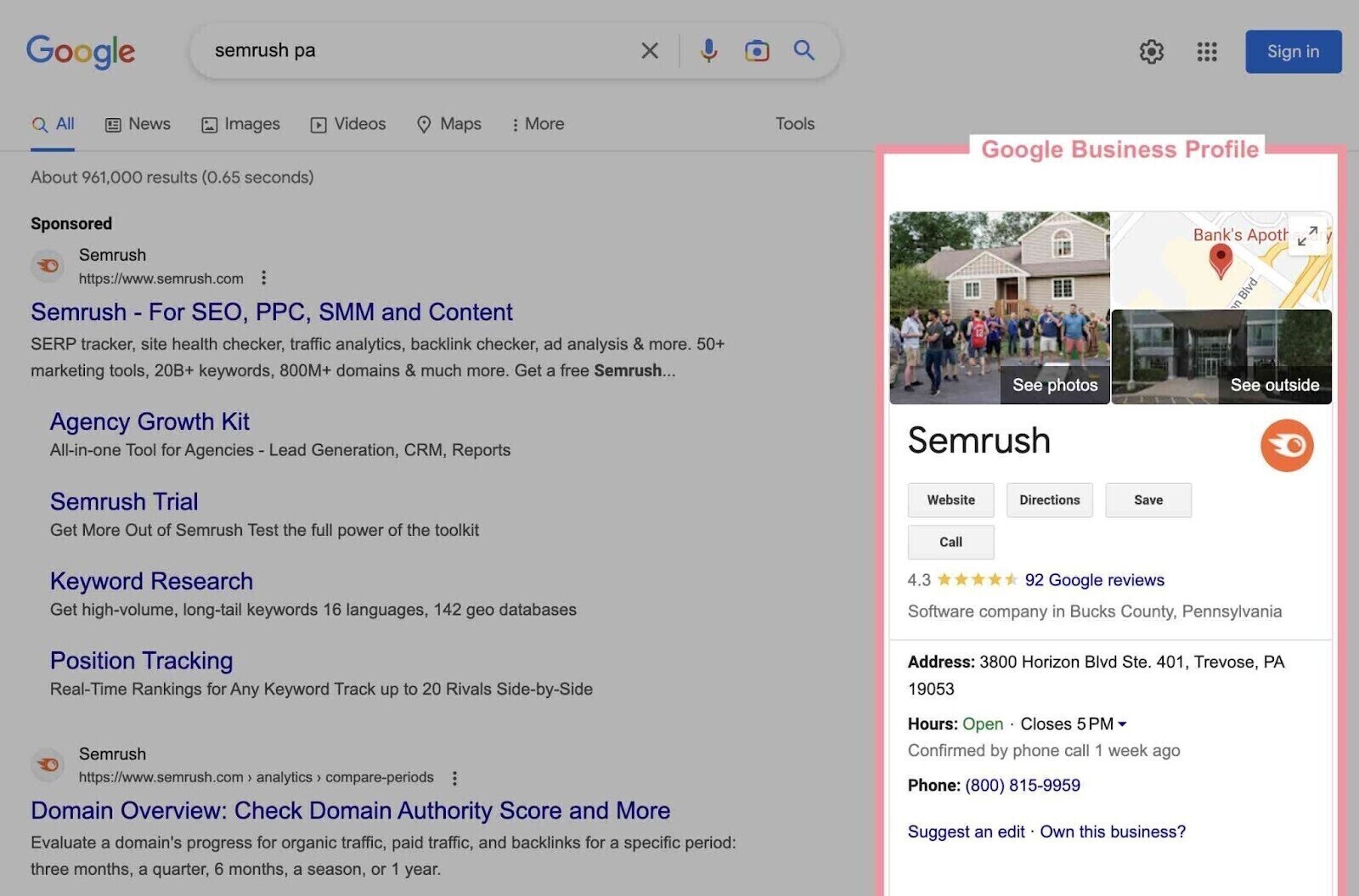Semrush's Google business profile