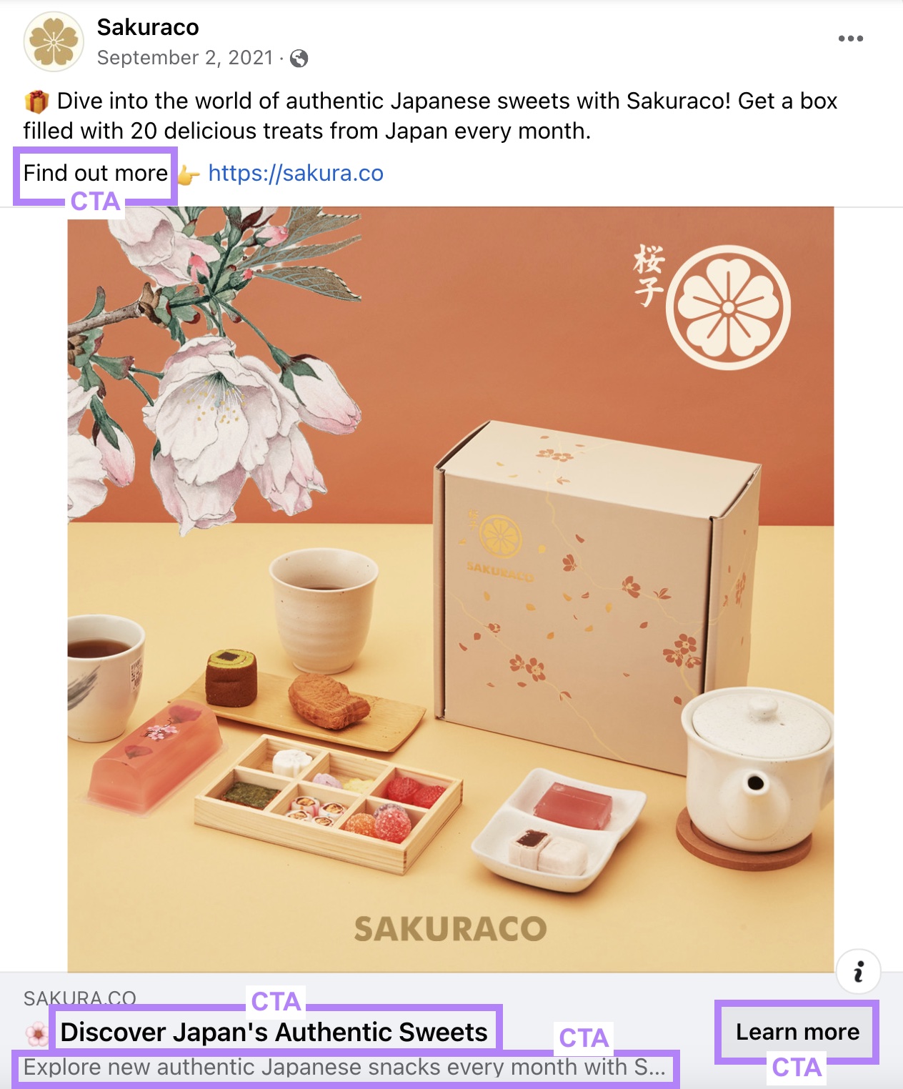 Sakuraco's "Find out more," "Discover Japan's Authentic Sweets," "Explore new authentic Japanese snacks every month with Sakuraco," and "Learn more" CTAs highlighted in an Facebook ad