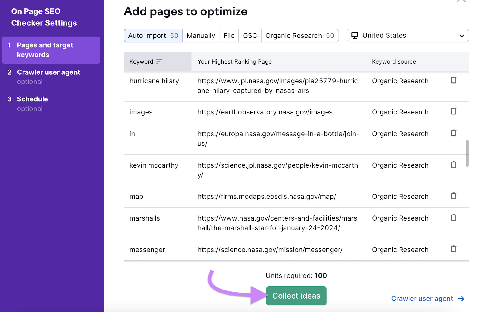 "Add pages to optimize" window in On Page SEO Checker settings