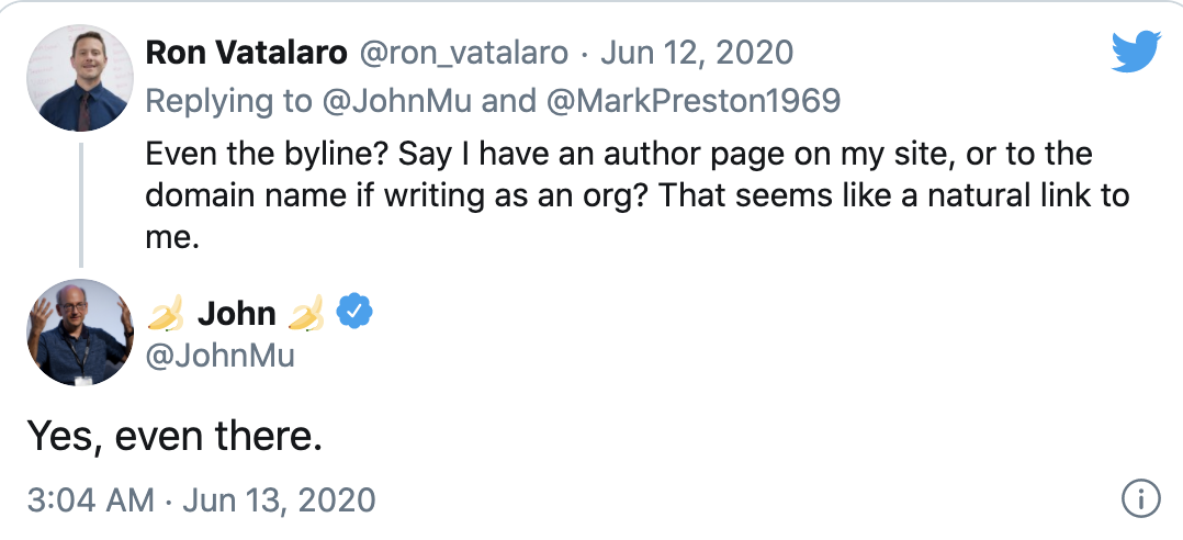 John Mu's tweet about links in bylines