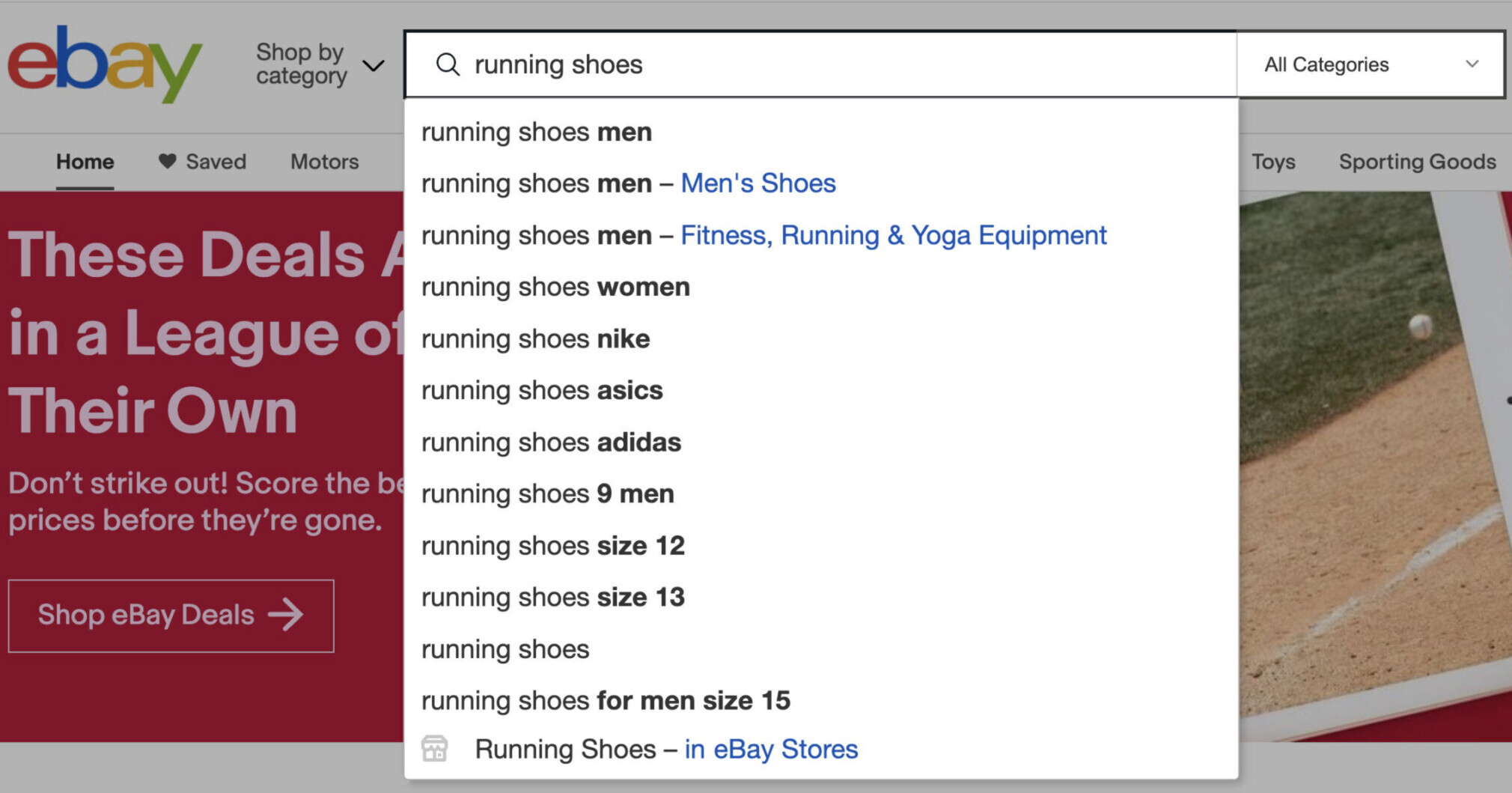 Ebay search suggestions for the keyword "running shoes"