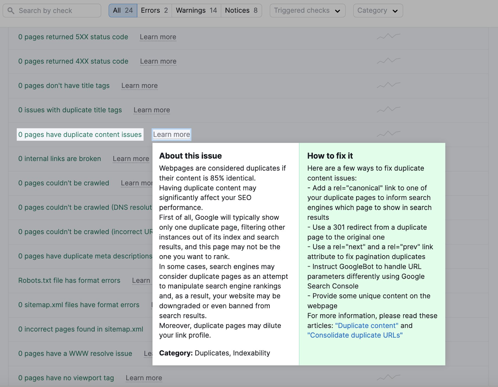 duplicated content errors in the Issues tab of Site Audit