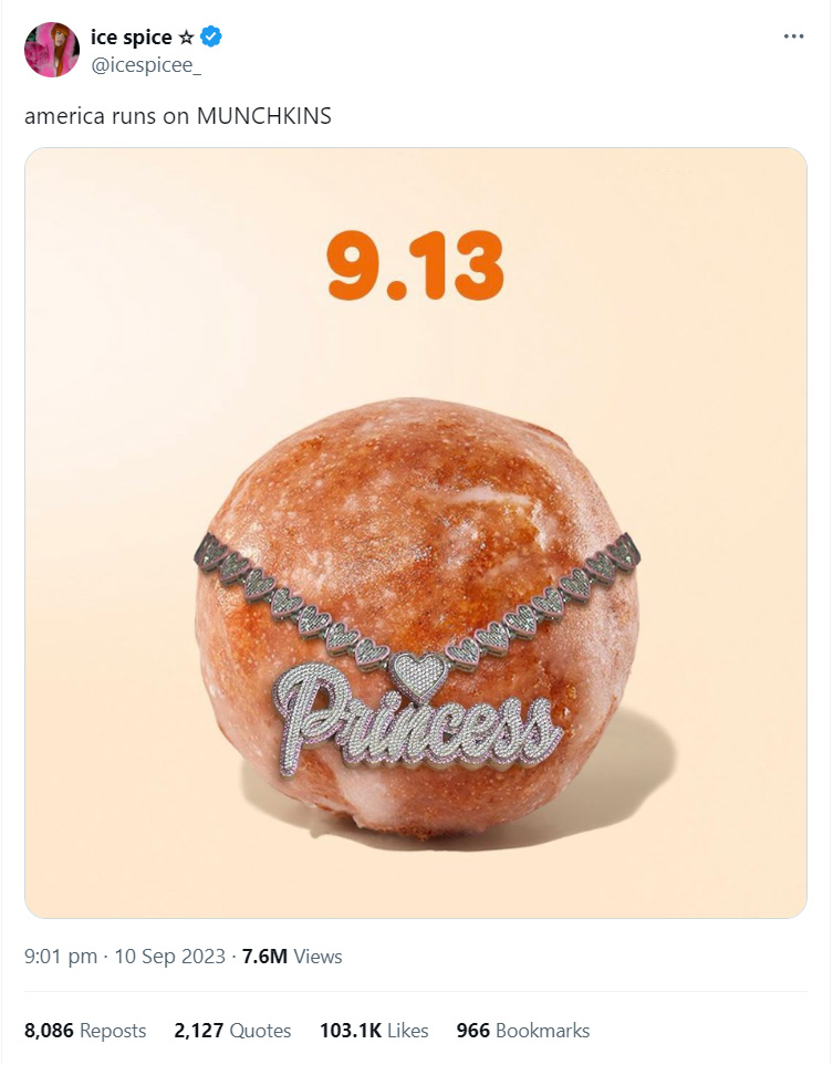 Tweet by Ice Spice promoting Dunkin Donuts product.