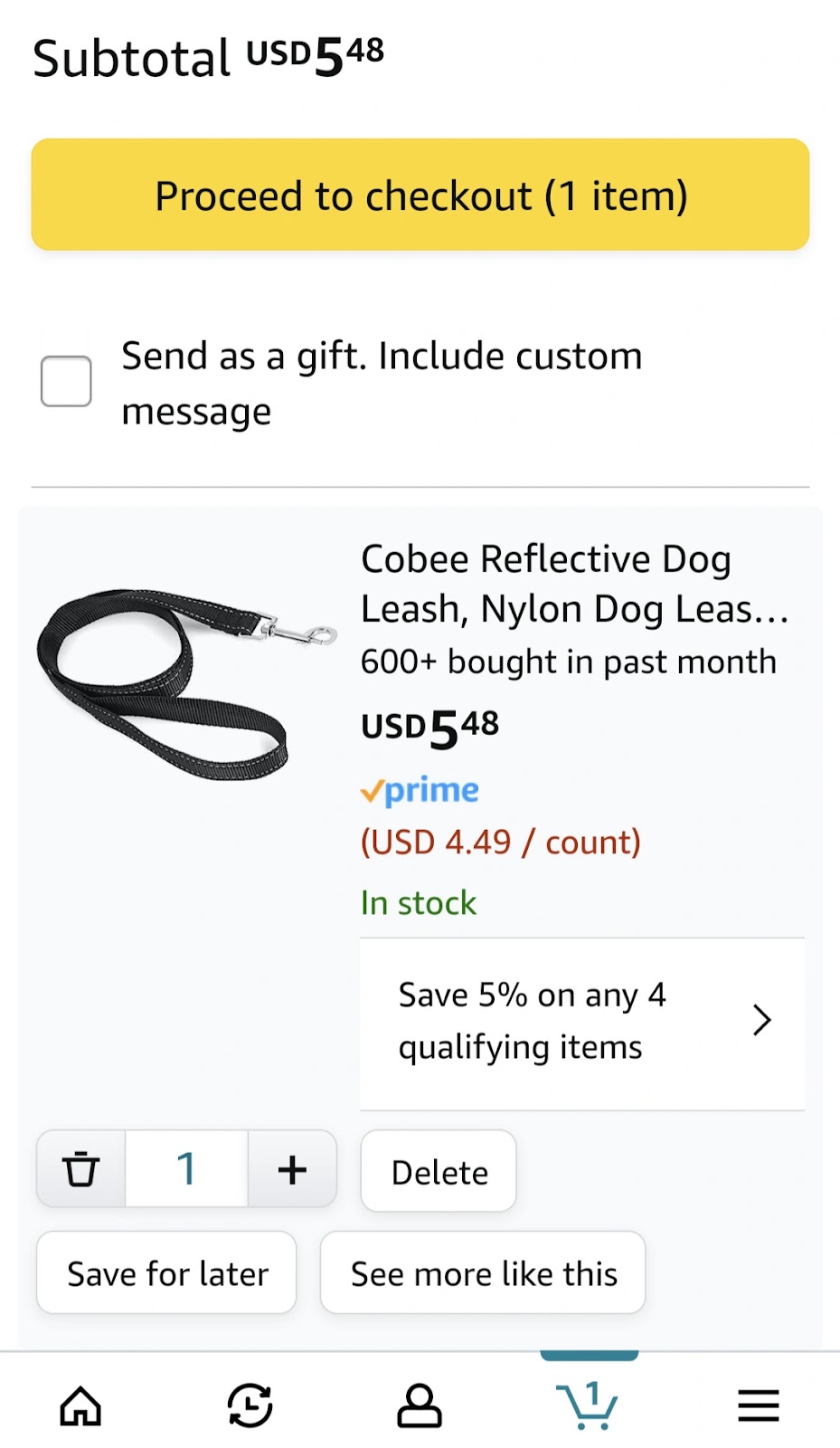 A product added to the cart on a desktop version of the Amazon website