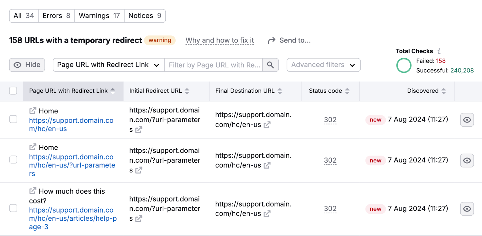 list of page urls with a temporary redirect including the initial redirect, final destination url, and status code