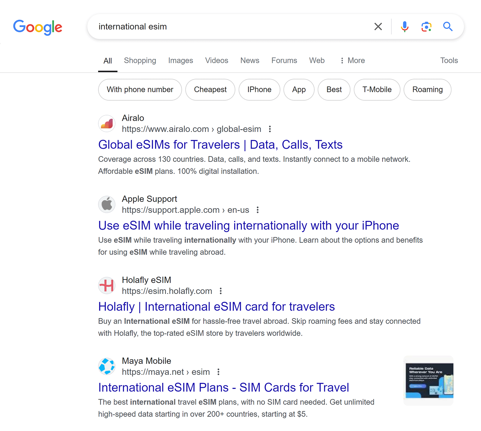 Organic search results showing for 'international esim' search query