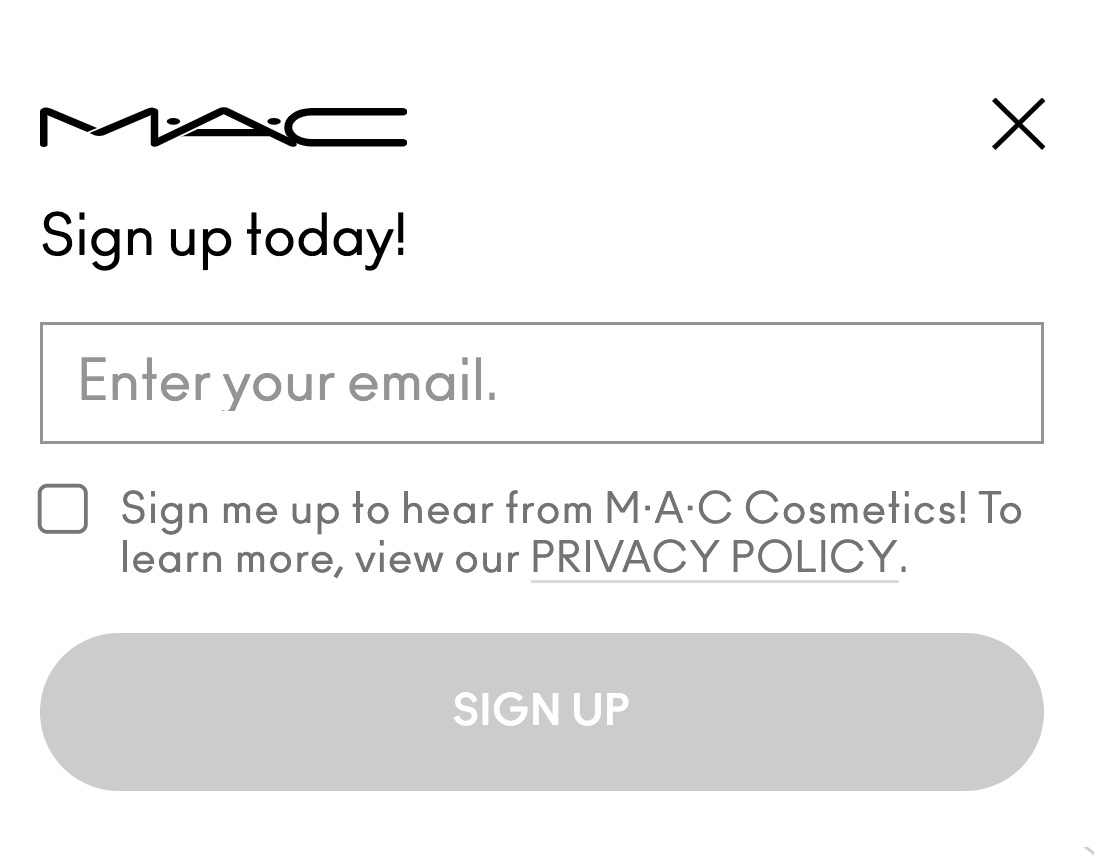 MAC's email-sign up form, offering 10% coupon