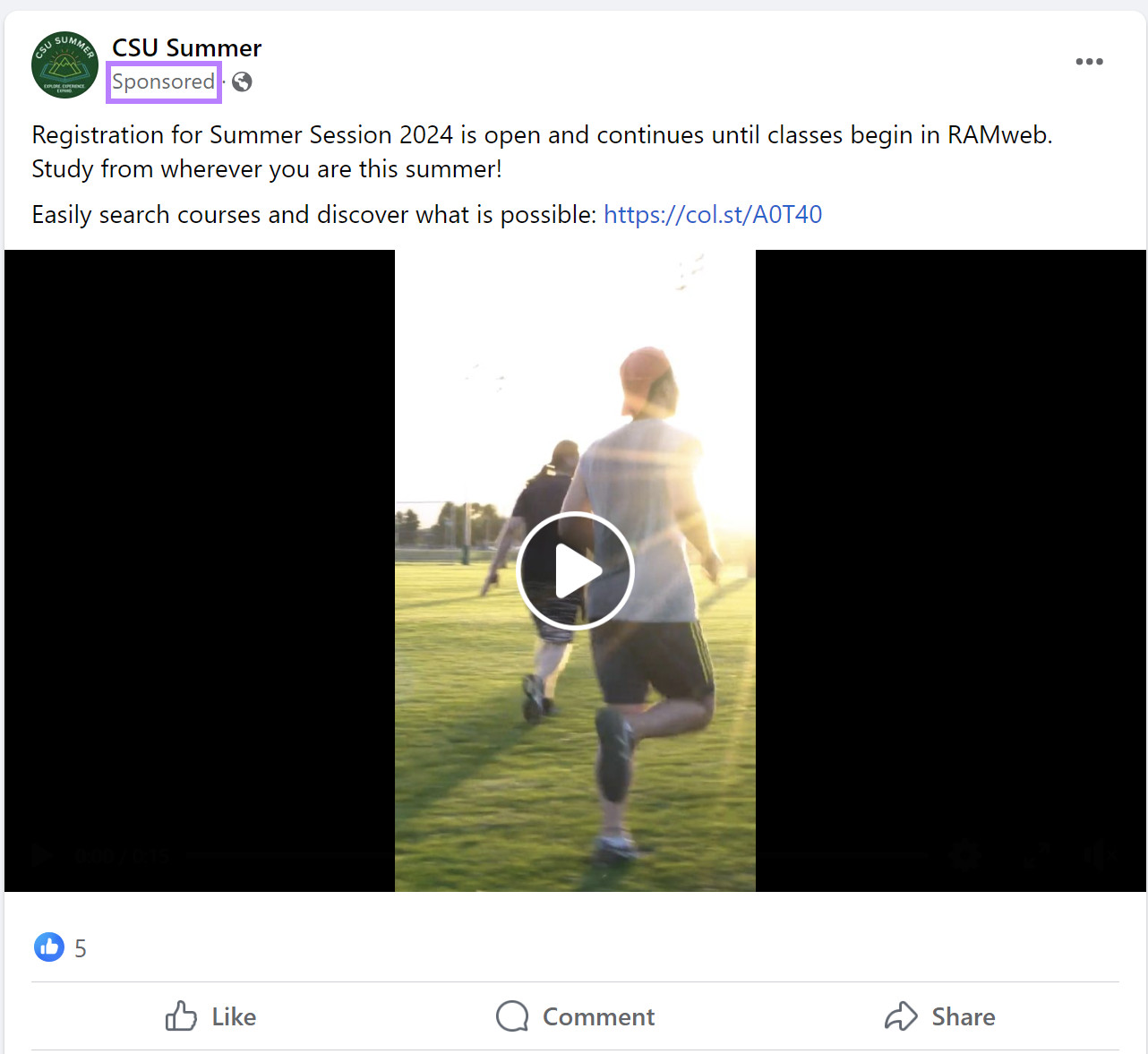 Colorado State University's Facebook video ad announcing summer courses
