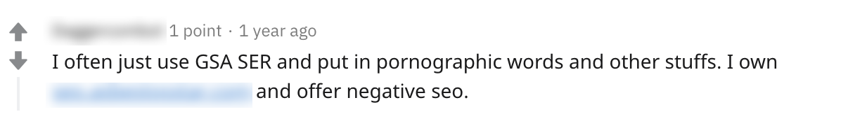 An example of a negative SEO service offer in a Reddit thread.