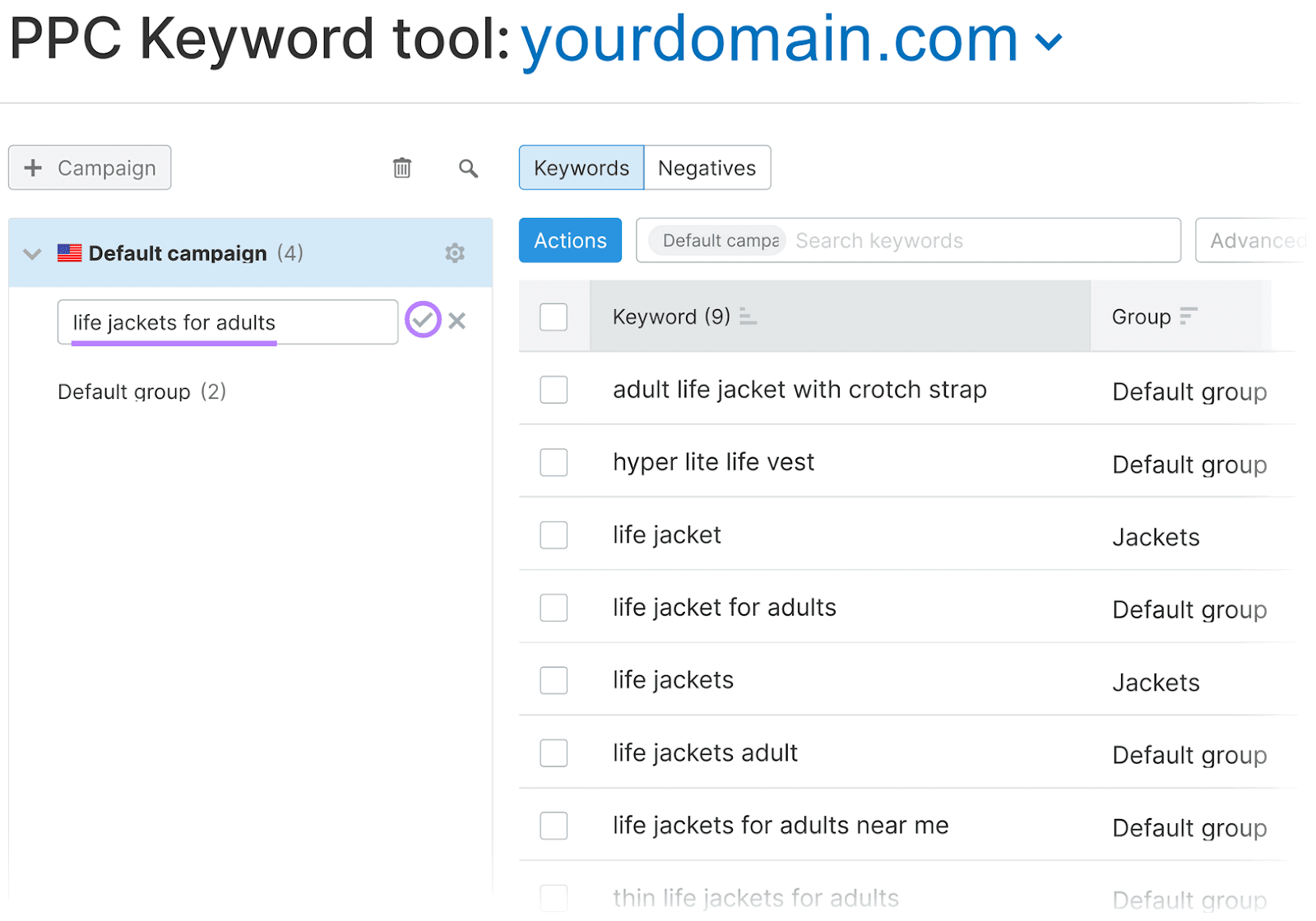 PPC Keyword Tool interface showing on the left side a new group: "life jackets for adults," highlighted in purple.