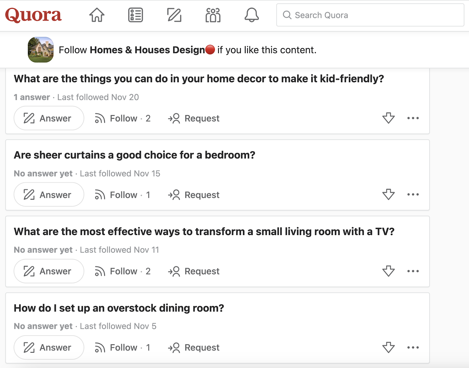 Questions page for "Homes & Houses Design" space on Quora
