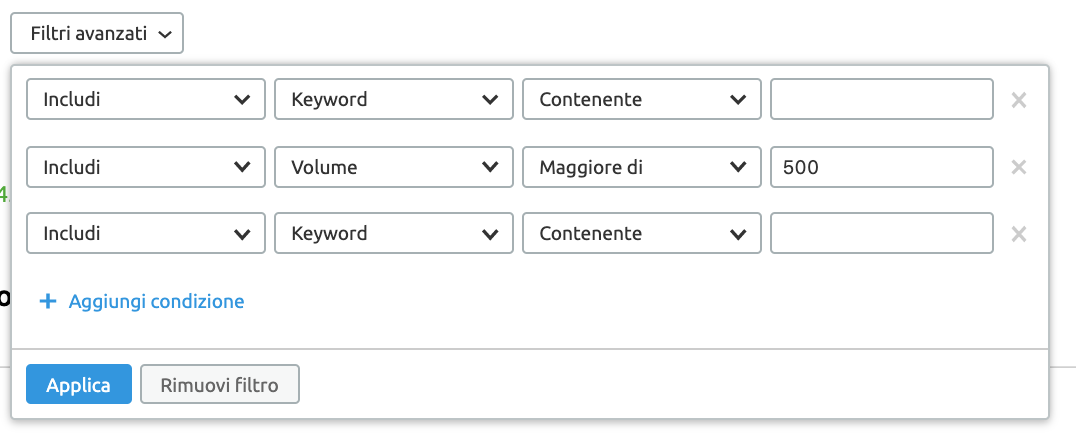 esempi di combinazioni dei filtri avanzati dello strumento ricerca di advertising