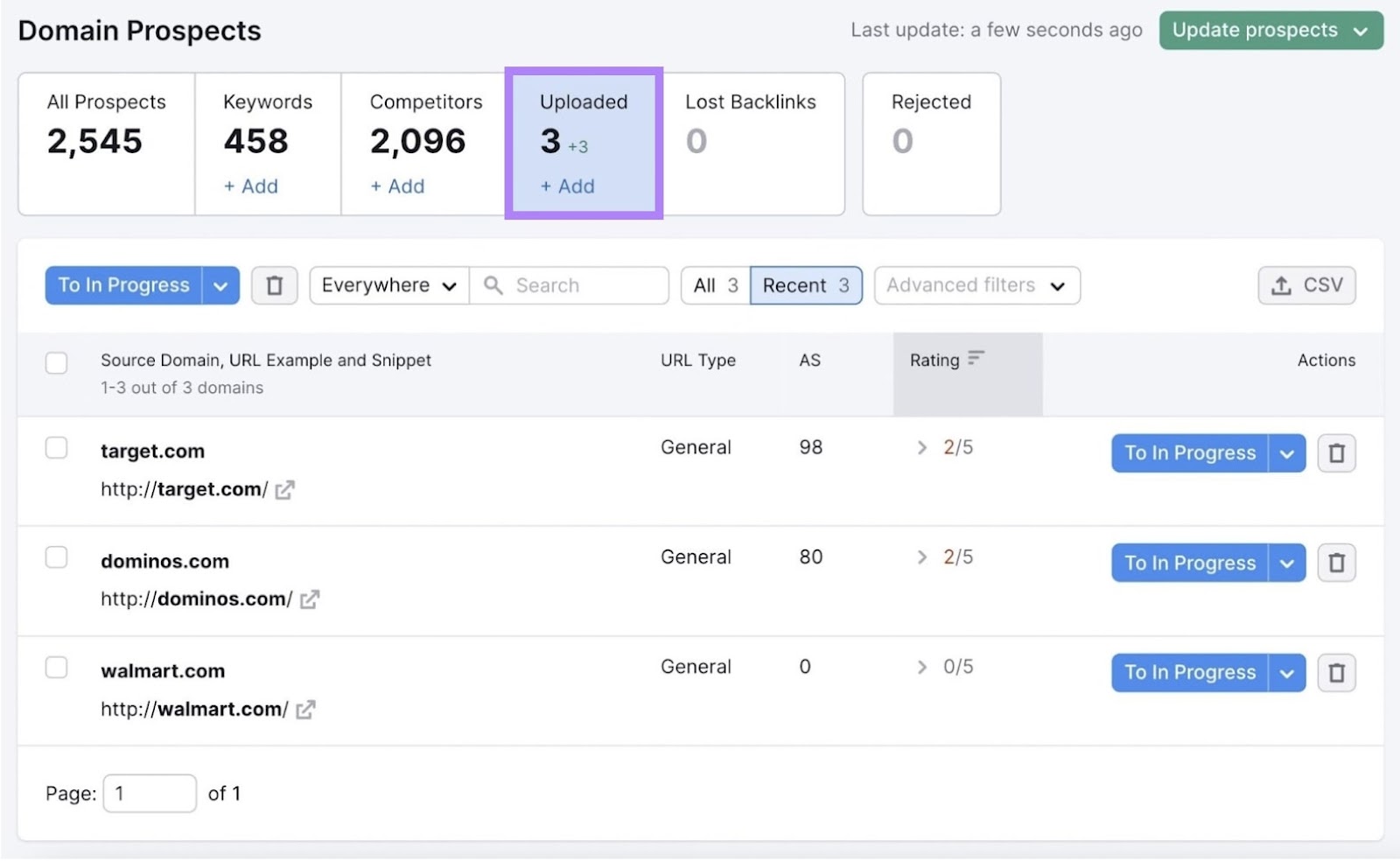 Prospects tab of Semrush Link gathering  instrumentality   with 3 domain prospects listed