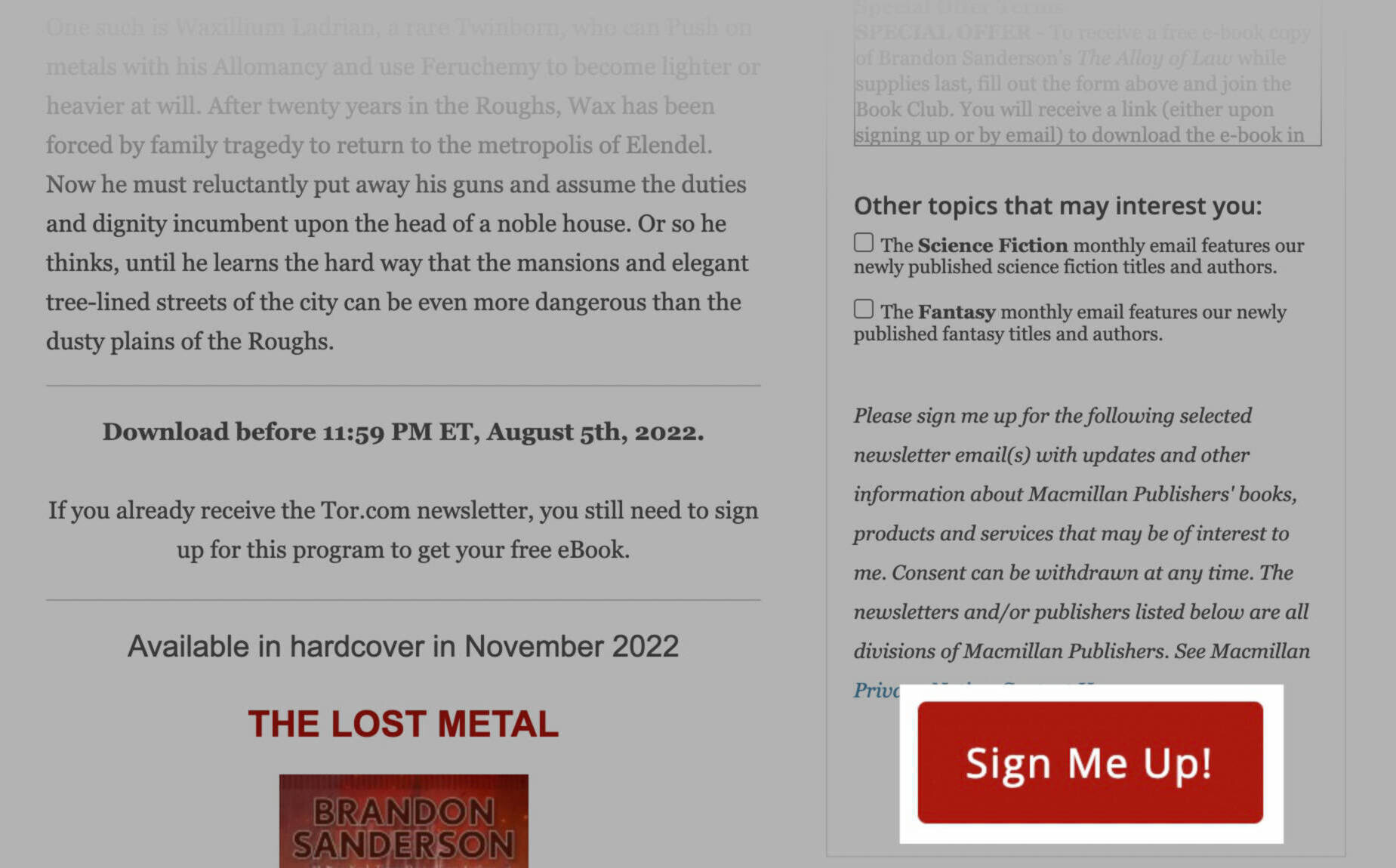 Tor's landing page with the "sign me up!" button highlighted