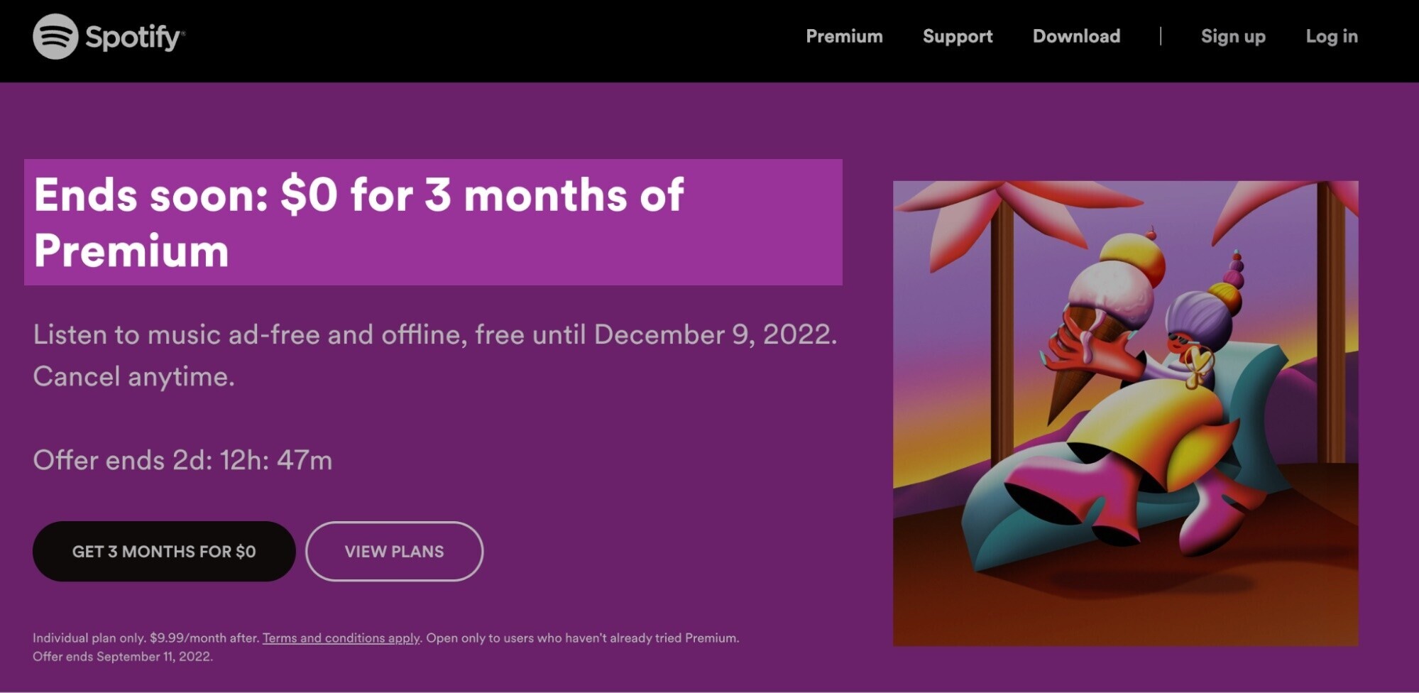 Spotify's landing page with the headline: "Ends soon: $0 for 3 months of Premium"