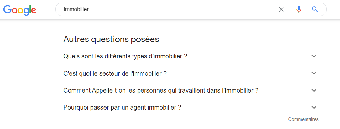 Autres questions posées, exemple avec "immobilier"