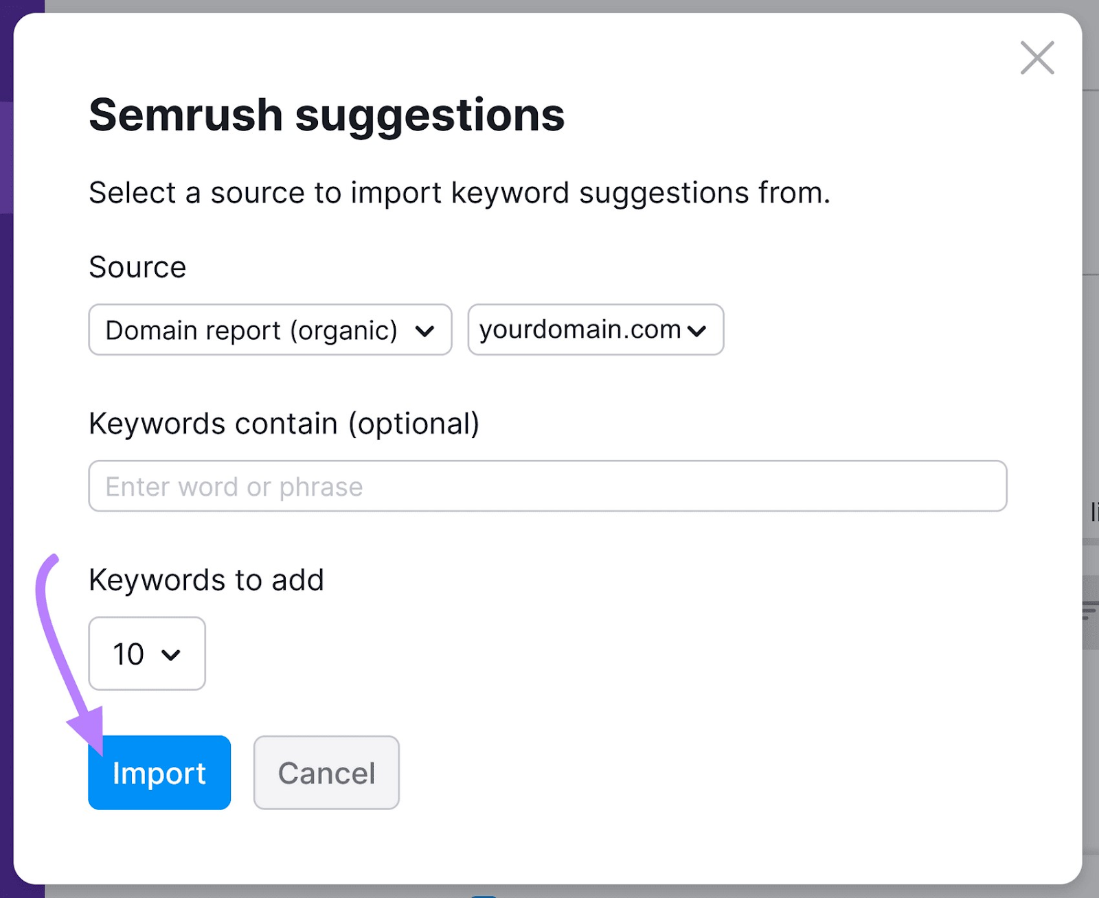 “Semrush suggestions” popup window