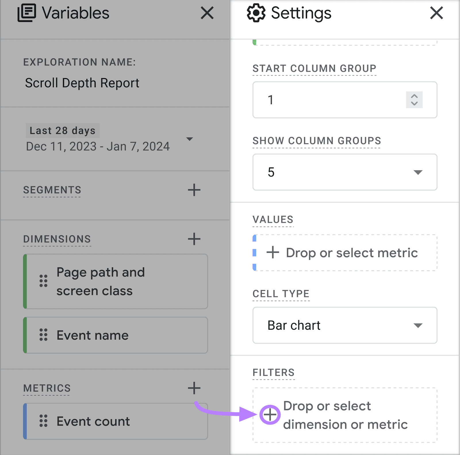 Add a filter nether  “Settings” conception  successful  GA4