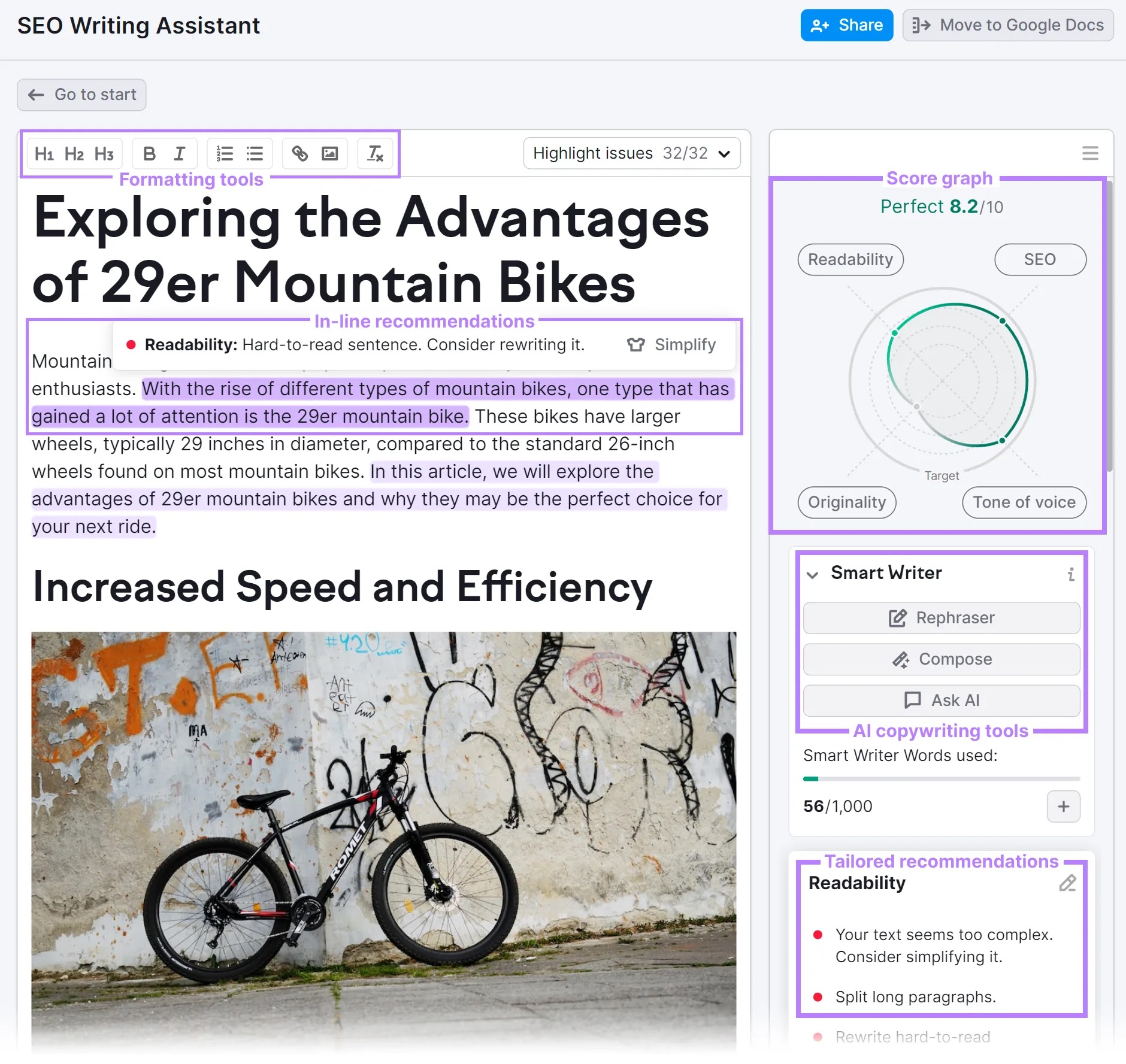 SEO Writing Assistant recommendations and scores highlighted