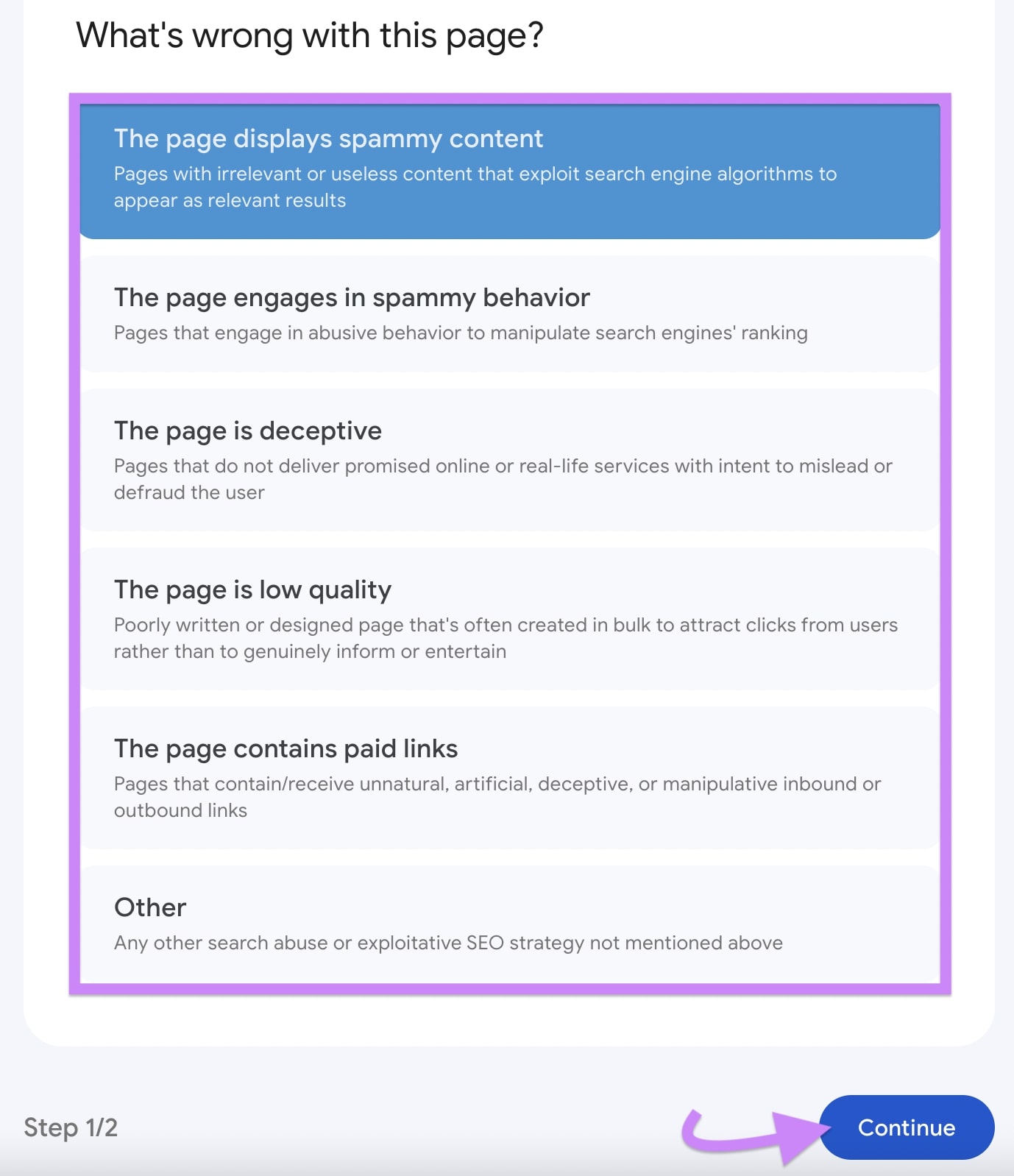 "What's incorrect  with this page?" conception  of Google’s contented  spam form