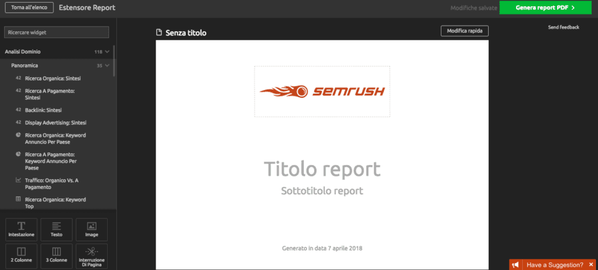 prima pagina del report del tuo blog con SEMrush