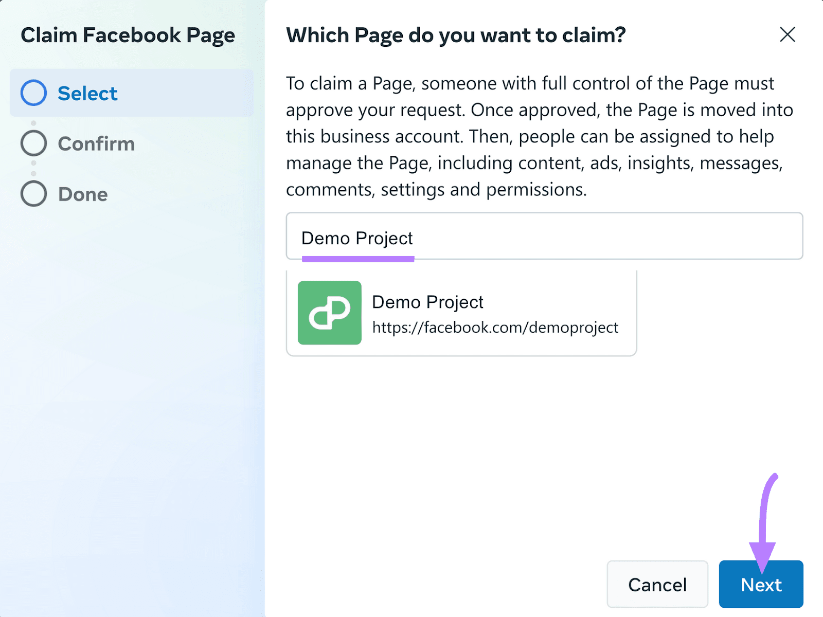 "Demo Project" selected under "Claim Facebook Page" window