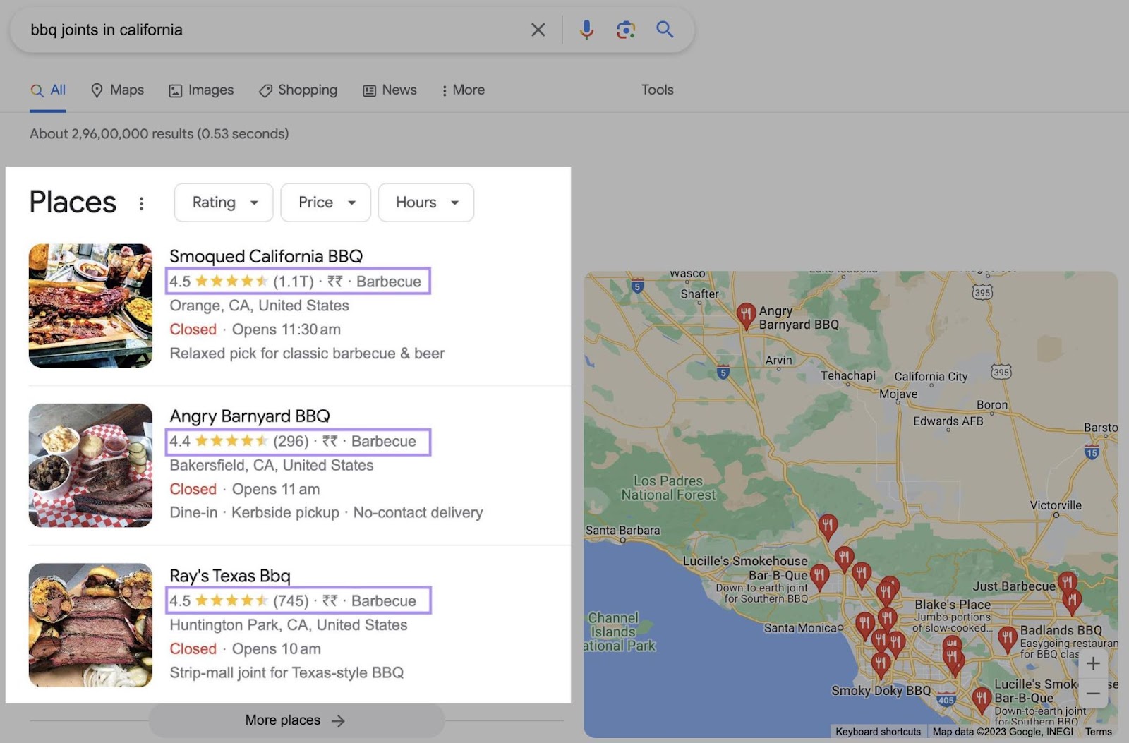 Google ratings shown for top-ranking map results are above 4.0 in this example