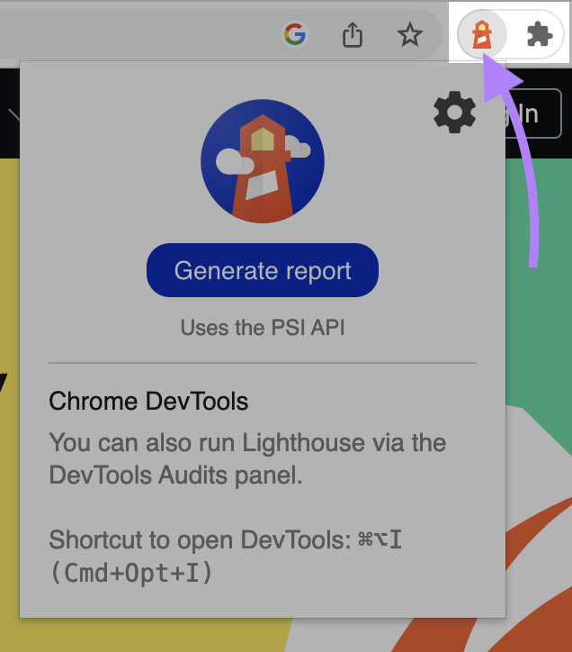 Lighthouse in Chrome extension menu