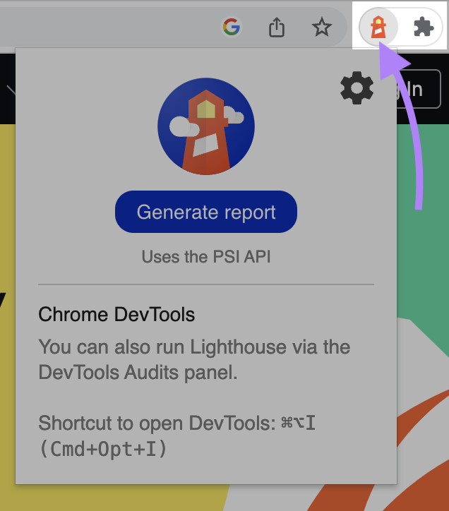 Lighthouse dans le menu de l'extension Chrome