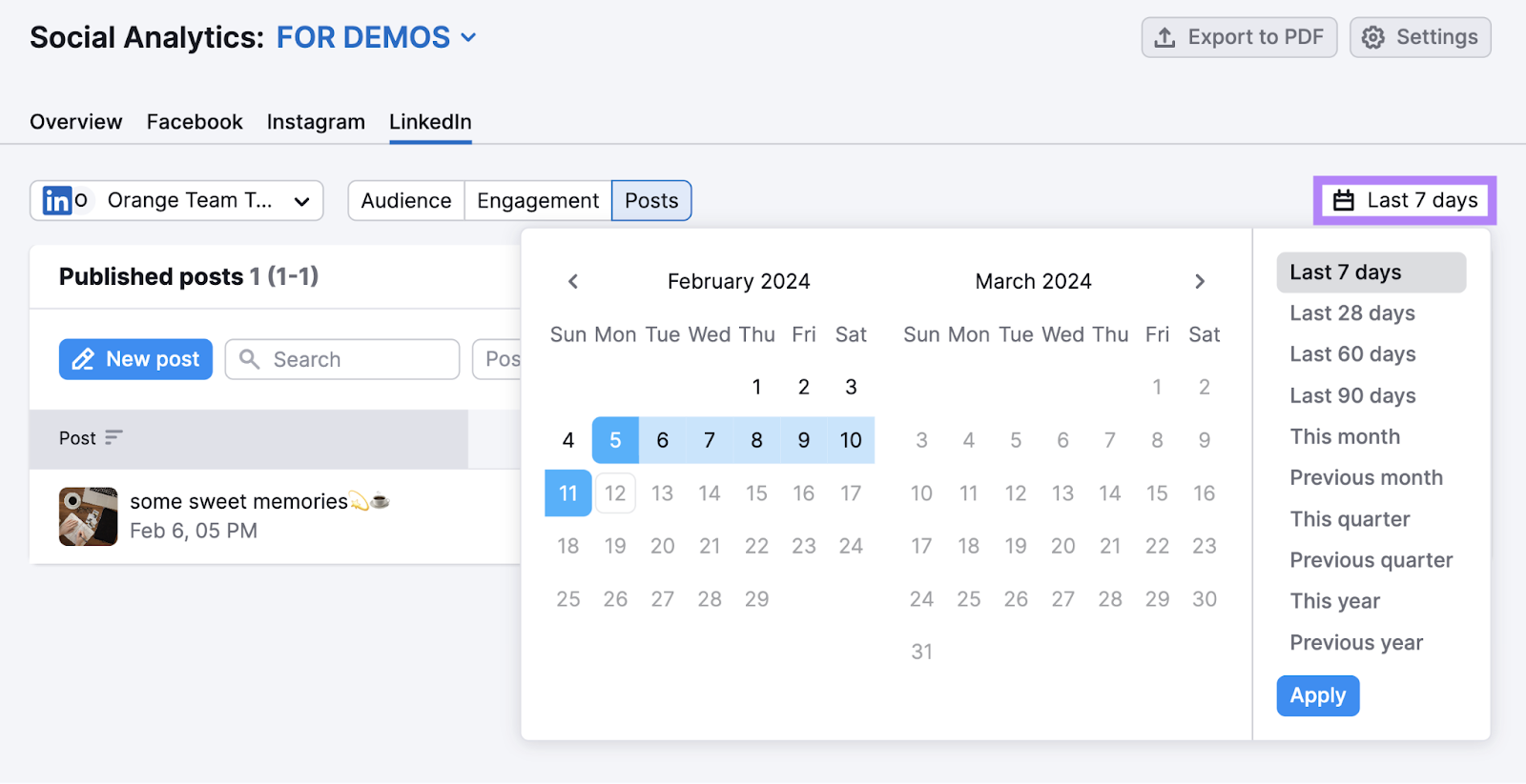 "Last 7 days" drop-down calendar opened in Social Analytics tool