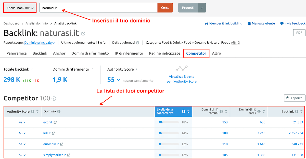 la lista dei competitor di un sito web in base ai backlink comuni